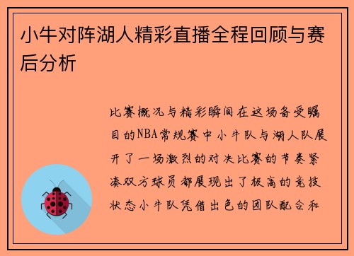 小牛对阵湖人精彩直播全程回顾与赛后分析