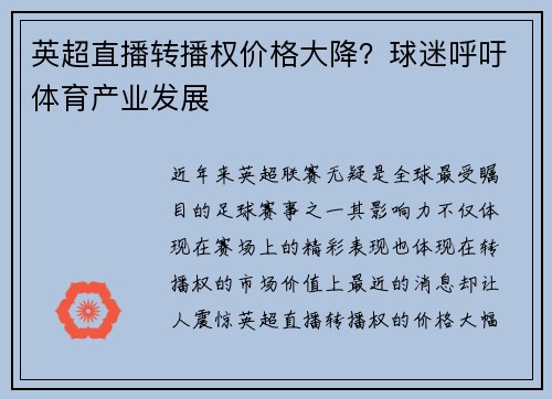 英超直播转播权价格大降？球迷呼吁体育产业发展